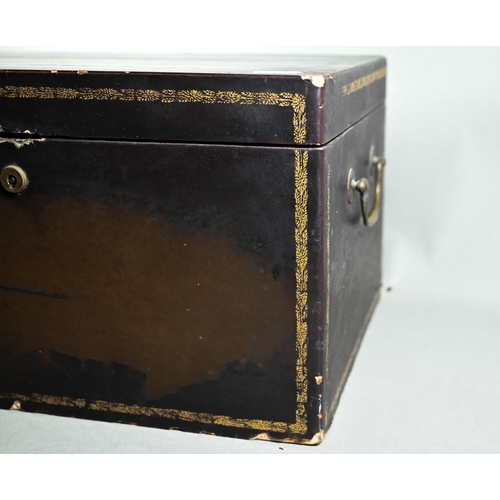 531 - An early 19th century Chinese black lacquer rectangular tea chest with brass handles, the hinged cov... 