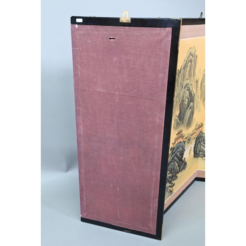 534 - A 20th century Japanese folding screen, Byobu, the four-panels painted with ink and colour depicting... 