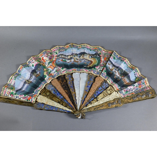 535 - A 19th century Cantonese fan, the paper leaf painted with harbour scenes - probably Hong Kong - with... 