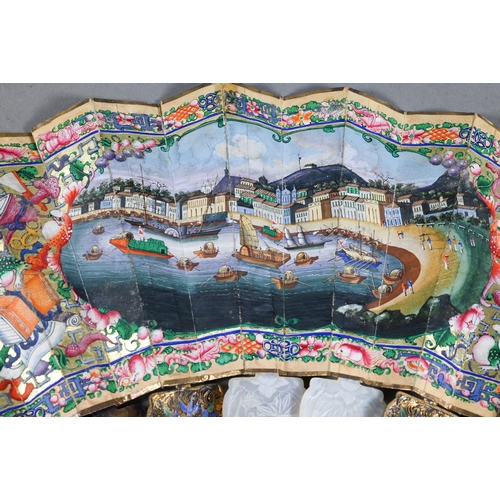 535 - A 19th century Cantonese fan, the paper leaf painted with harbour scenes - probably Hong Kong - with... 