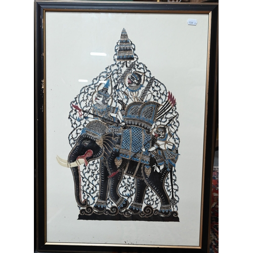 548 - Two Thai cut-out buffalo or cow hide Nang Talung poychrome shadow puppets, mounted framed and glazed... 