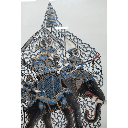 548 - Two Thai cut-out buffalo or cow hide Nang Talung poychrome shadow puppets, mounted framed and glazed... 