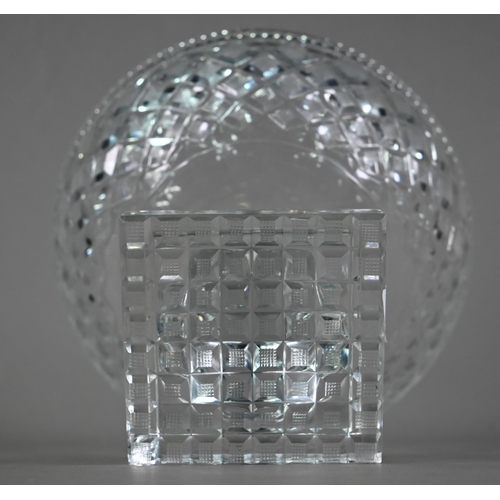 554 - An antique (possibly Irish) cut glass stemmed bowl on square base, 23 cm diameter, to/w a pair of an... 