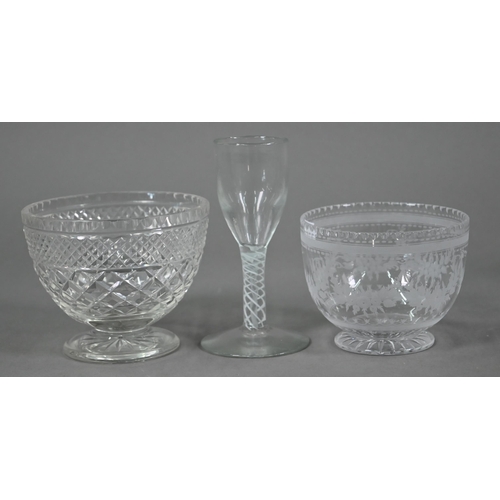 560 - An antique ale-glass, the slender bowl etched with hops and barley on plain stem and fold-over foot,... 