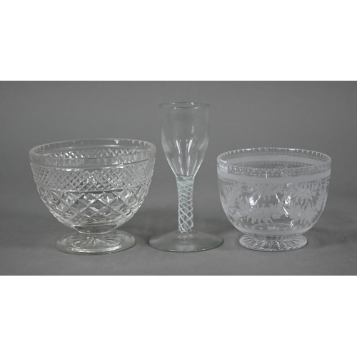 560 - An antique ale-glass, the slender bowl etched with hops and barley on plain stem and fold-over foot,... 