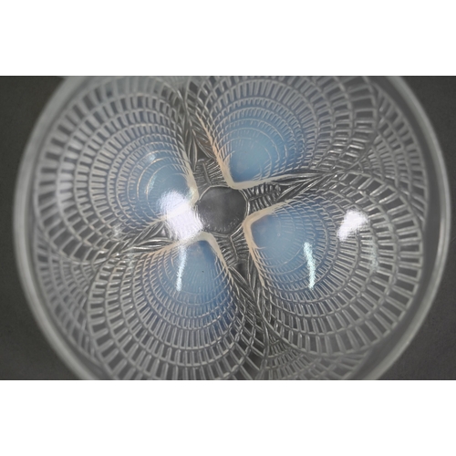 564 - A pair of Lalique opalescent glass Coquille pattern bowls, 13 cm diam, Impressed 'R Lalique'