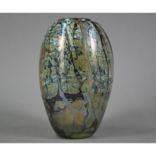 565 - Peter Layton (b 1937) - An iridescent glass ovoid vase with abstract streaked and hatched decoration... 