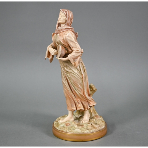 568 - A late Victorian Royal Worcester gilded figure of a woman beating a small drum, impressed signature ... 