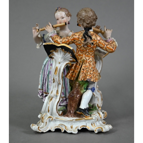 577 - A Meissen porcelain group of two 18th century children, fingering each others flutes, after a model ... 