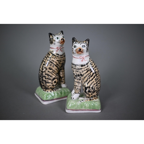 580 - A pair of early 19th century Staffordshire pottery seated tabby-cats, 18 cm high