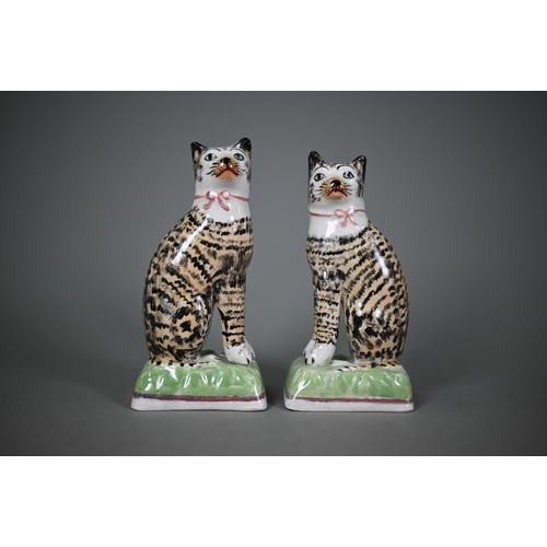 580 - A pair of early 19th century Staffordshire pottery seated tabby-cats, 18 cm high