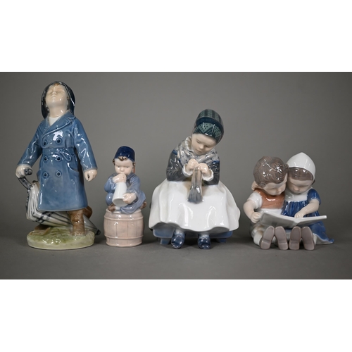 587 - Three Royal Copenhagen figures of children - Amager Girl Sewing 1314, Boy with Raincoat and Umbrella... 