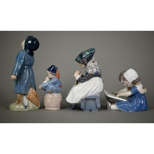 587 - Three Royal Copenhagen figures of children - Amager Girl Sewing 1314, Boy with Raincoat and Umbrella... 