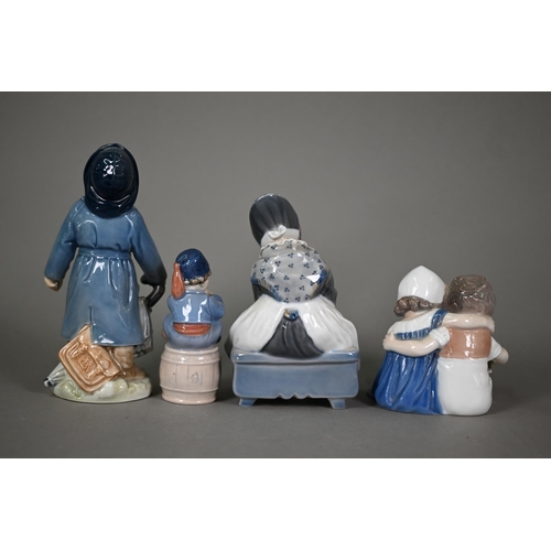 587 - Three Royal Copenhagen figures of children - Amager Girl Sewing 1314, Boy with Raincoat and Umbrella... 