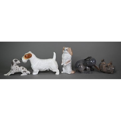 590 - Four Royal Copenhagen dogs, Puppy chasing its tail 1238 and Puppy Rolling 124, Pekinese begging 1776... 