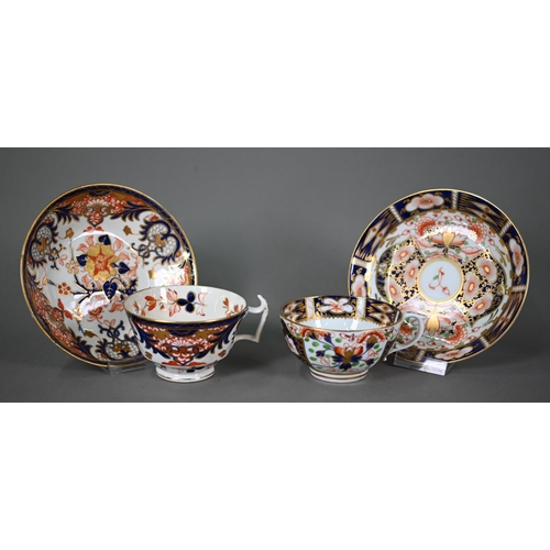 595 - Three Royal Crown Derby Imari trios of tea cup, saucer and plate, to/w five other tea cups and sauce... 