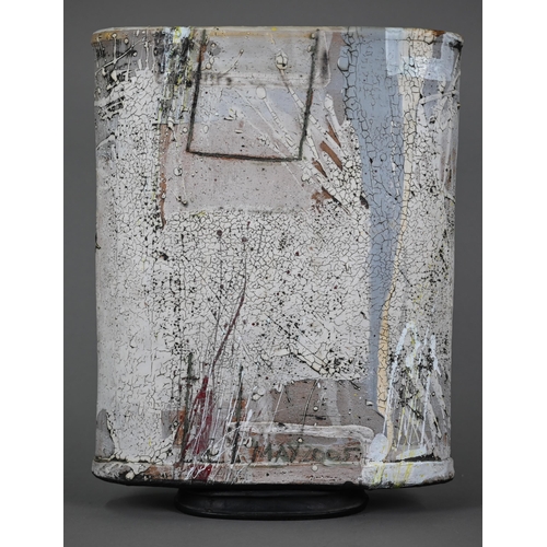 604 - Sam Hall (b.1967), a large studio ceramic vase of flattened oval form with 'splattered' raku-style g... 