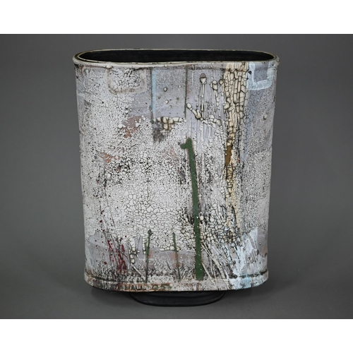 604 - Sam Hall (b.1967), a large studio ceramic vase of flattened oval form with 'splattered' raku-style g... 