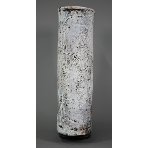 604 - Sam Hall (b.1967), a large studio ceramic vase of flattened oval form with 'splattered' raku-style g... 