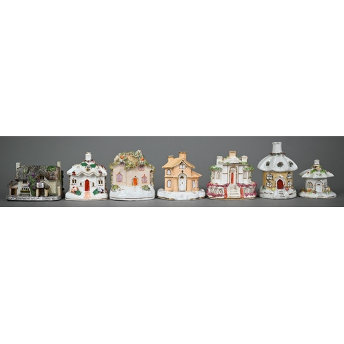 607 - Seven 19th century pottery cottage pastille-burners, to/w five similar ornaments and another dated 1... 