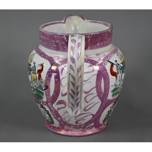 611 - An early 19th century Sunderland lustre pottery jug, printed with The Mariners' Arms, 21 cm