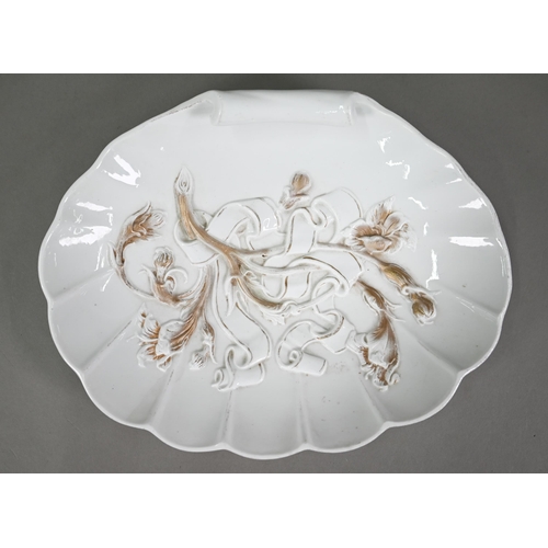 616 - A Meissen porcelain shell serving-dish, moulded with gilt ribbons and flowers, 24 x 32 cm