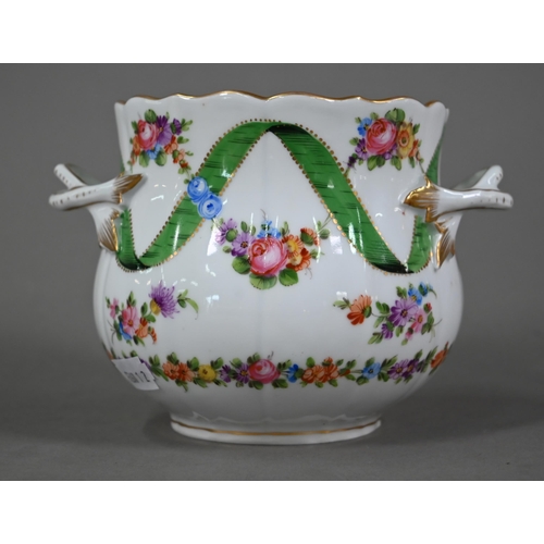 617 - A Dresden porcelain cache-pot with twin handles, painted with floral garlands intertwined with green... 