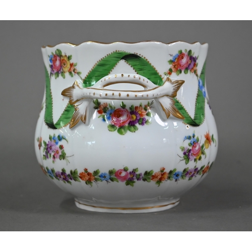 617 - A Dresden porcelain cache-pot with twin handles, painted with floral garlands intertwined with green... 