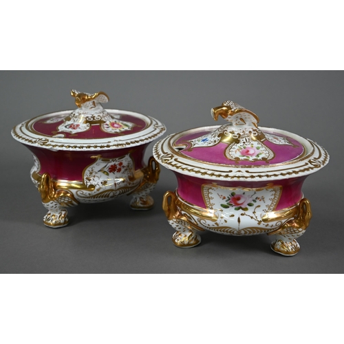 618 - Two 19th century china sauce tureens and covers of similar design, with eagle finials and swan feet,... 