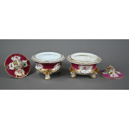 618 - Two 19th century china sauce tureens and covers of similar design, with eagle finials and swan feet,... 