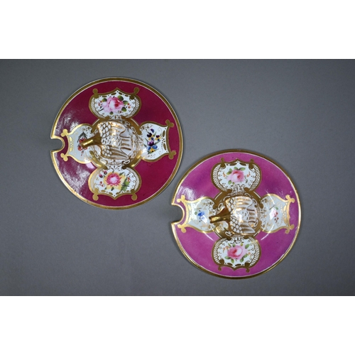 618 - Two 19th century china sauce tureens and covers of similar design, with eagle finials and swan feet,... 