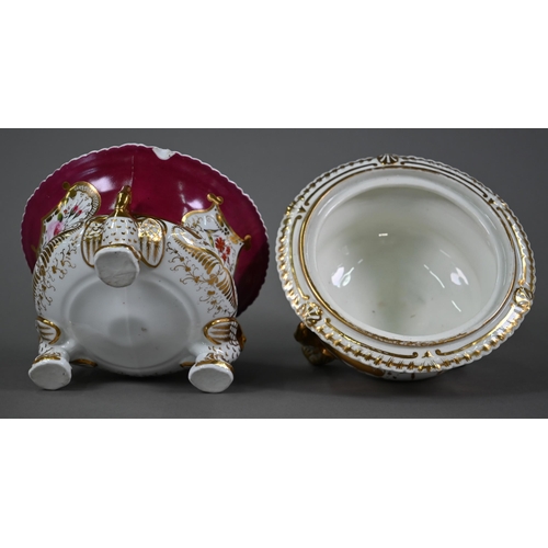 618 - Two 19th century china sauce tureens and covers of similar design, with eagle finials and swan feet,... 