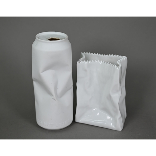 622 - A Rosenthal china novelty crumpled drink can and sweet bag, 'Do Not Litter' 14.5 / 10.5 cm high (2)