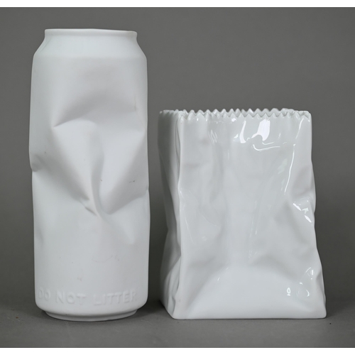 622 - A Rosenthal china novelty crumpled drink can and sweet bag, 'Do Not Litter' 14.5 / 10.5 cm high (2)