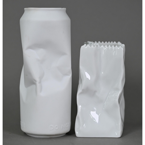 622 - A Rosenthal china novelty crumpled drink can and sweet bag, 'Do Not Litter' 14.5 / 10.5 cm high (2)