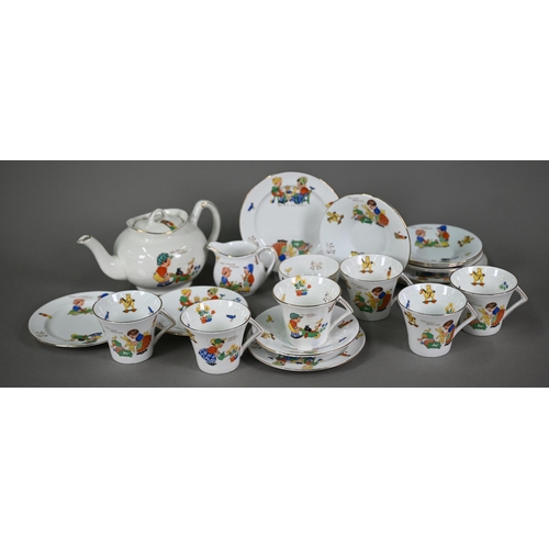 629 - An Art Deco Colclough china nursery tea service for six, printed with young children and their toys,... 