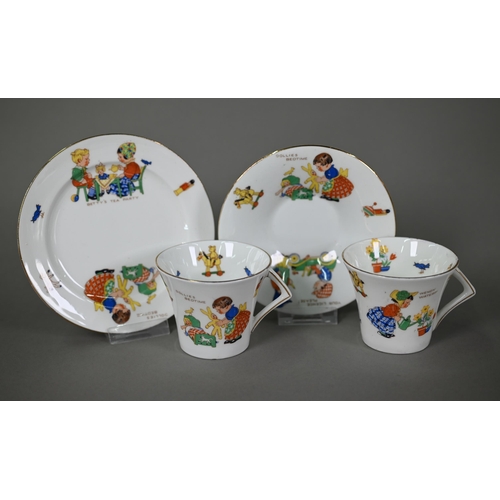 629 - An Art Deco Colclough china nursery tea service for six, printed with young children and their toys,... 