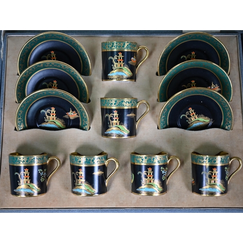 630 - A Carlton Ware Art Deco china coffee service for six with gilded decoration and enamelled with pagod... 