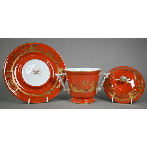 651 - A Tiffany 'Private Stock' china two-handled cup and cover on stand, hand-decorated with gilded chino... 
