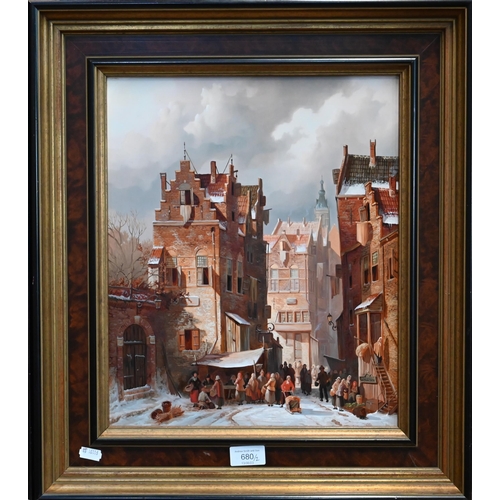 680 - Dutch school - A pair of winter street views, oil on board, 38 x 32 cm (2)