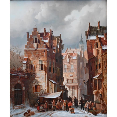 680 - Dutch school - A pair of winter street views, oil on board, 38 x 32 cm (2)