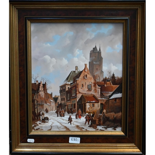 680 - Dutch school - A pair of winter street views, oil on board, 38 x 32 cm (2)