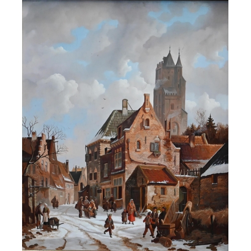 680 - Dutch school - A pair of winter street views, oil on board, 38 x 32 cm (2)