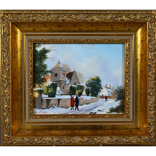 686 - Robert Hughes (1934-2010) - 'Holy Trinity Church Easton Royal', miniature oil on board, signed lower... 