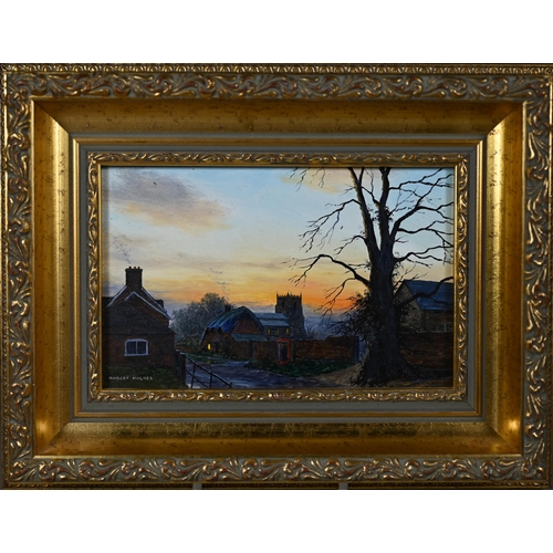 687 - Robert Hughes (1934-2010) - 'Winter sunset Milton Lilbourne', miniature oil on board, signed lower l... 