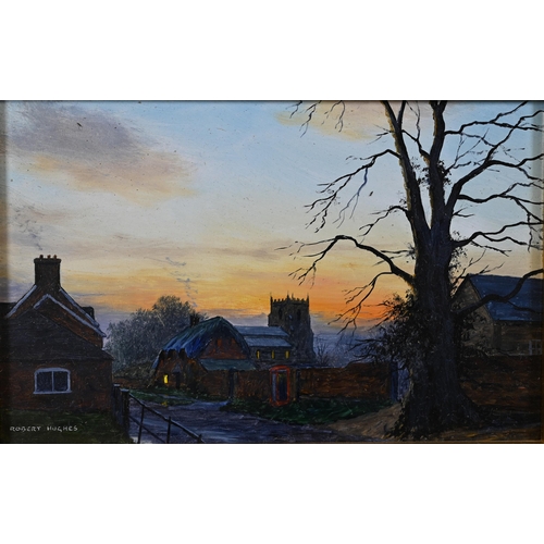 687 - Robert Hughes (1934-2010) - 'Winter sunset Milton Lilbourne', miniature oil on board, signed lower l... 