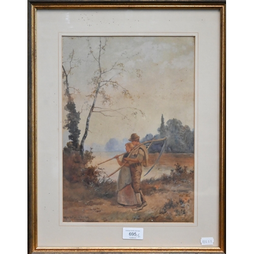 695 - R Douglas - A pair of watercolours of country folk 'After the Toil of the day' and 'The First Born',... 