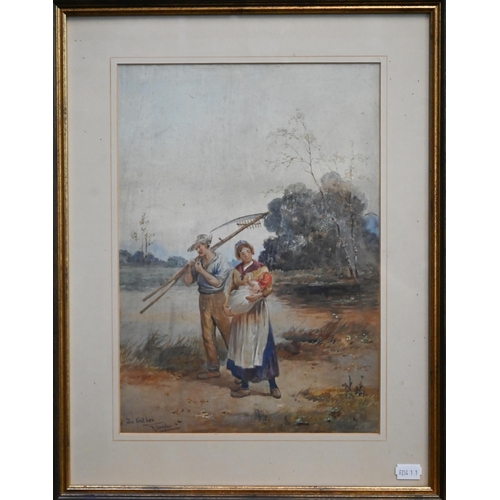 695 - R Douglas - A pair of watercolours of country folk 'After the Toil of the day' and 'The First Born',... 