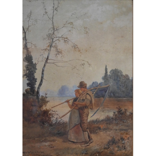 695 - R Douglas - A pair of watercolours of country folk 'After the Toil of the day' and 'The First Born',... 