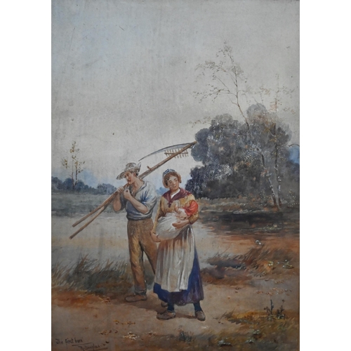 695 - R Douglas - A pair of watercolours of country folk 'After the Toil of the day' and 'The First Born',... 